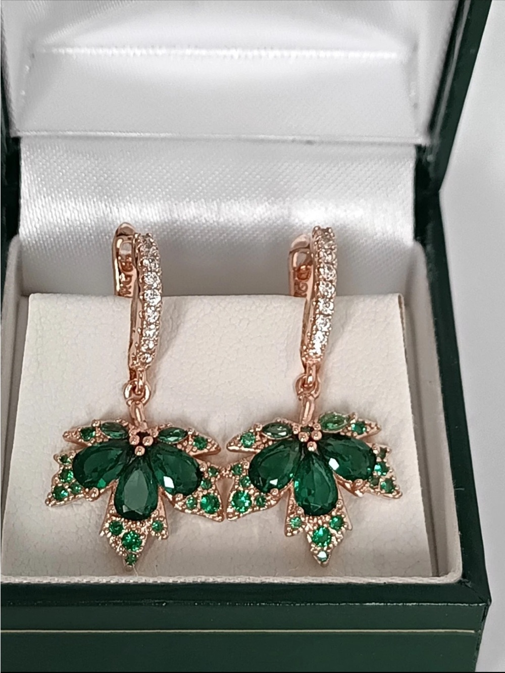Rose Gold Green Crystal Floral Drop Earrings - Women Jewelry